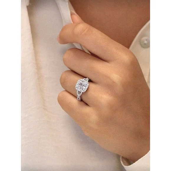 Princess Cut Halo Engagement Ring Infinity Twisted Band Silver Tone Wedding Ring - Picture 3 of 5